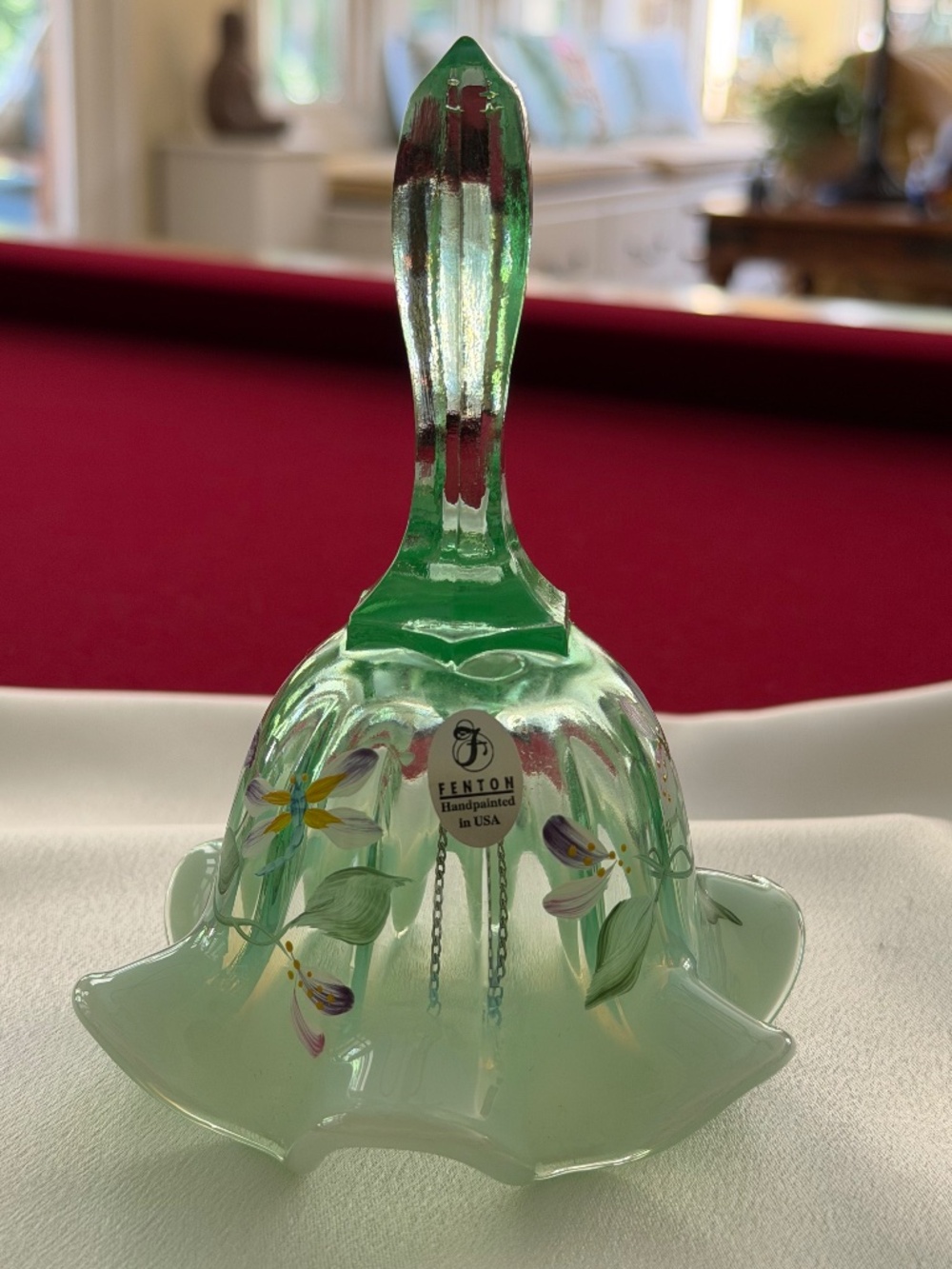 Fenton Sea Mist Green Opalescent Ruffled Bell Meadow Beauty Purple Flower Signed